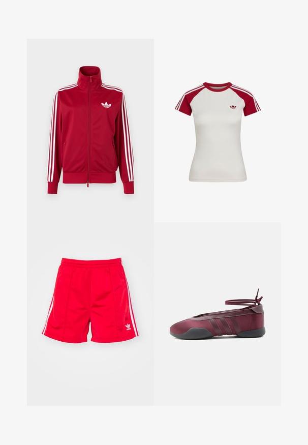 Rød træningstrøje med hvide tre-stribe detaljer på ærmerne, fuld lynlås foran, høj krave og hvidt Adidas trefoil-logo på brystet.; Hvid tætsiddende sportstrøje med korte ærmer, røde raglanærmer, rød krave, tre hvide striber på ærmerne og lille logo på venstre bryst.; Røde sports shorts med elastisk talje, der har hvide sideløbninger og et broderet logo nederst til venstre. Glat tekstur.; Burgunderfarvet balletsko med sort sål, elastiske ankelstropper bundet i sløjfe og syninger på siderne, vist fra ydersiden.