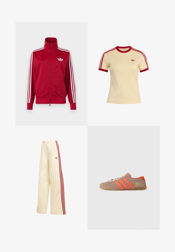 Chaqueta deportiva roja con detalles de tres franjas blancas en las mangas, cremallera completa en el frente, cuello alto y el logo de trébol de Adidas en blanco en el pecho.; Camiseta cremosa de manga corta con cuello redondo rojo, bordes rojos en las mangas, rayas rojas en los hombros y pequeño logotipo rojo de Adidas en el pecho izquierdo.; Pantalones deportivos de pierna ancha en color crema con rayas rojas en los laterales, cintura elástica, bolsillo con cremallera y logo rojo de Adidas en el muslo.; Zapatillas de ante marrón con tres rayas naranjas brillantes, parte frontal con cordones y el logo dorado "Gazelle" en el lateral. Suela de goma plana.