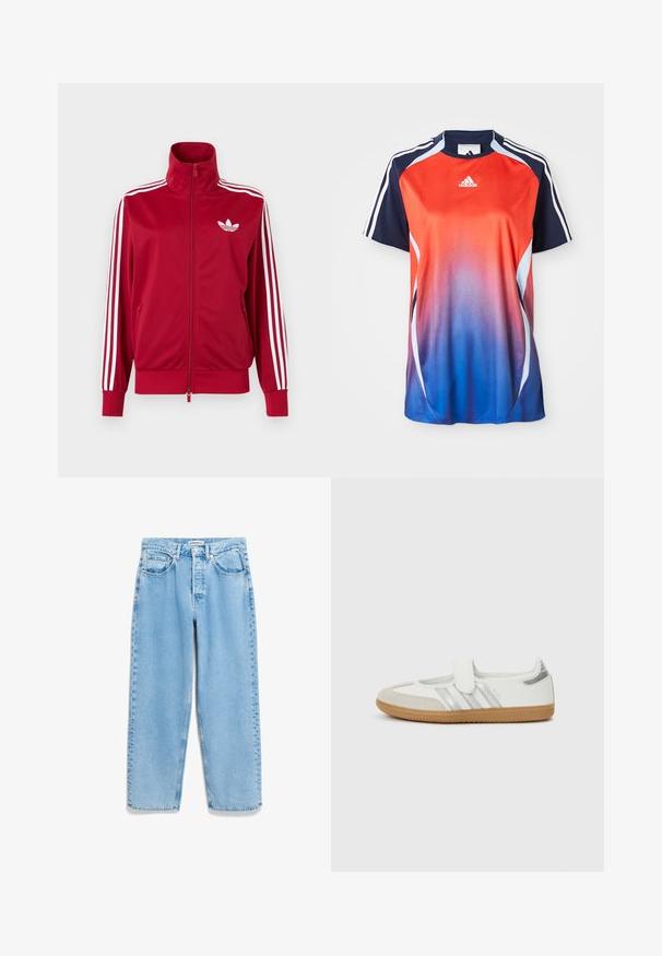 Chaqueta deportiva roja con detalles de tres franjas blancas en las mangas, cremallera completa en el frente, cuello alto y el logo de trébol de Adidas en blanco en el pecho.; Camisa deportiva de manga corta de Adidas con un degradado que va del rojo al azul, con detalles en azul marino y rayas blancas a lo largo de los hombros.; Vaqueros de mezclilla azul claro con un corte holgado, cintura alta, diseño de cinco bolsillos y un ligero deslavado a lo largo de las costuras de las piernas.; Zapatilla blanca con rayas plateadas, puntera de ante y tira de velcro. Suela de goma perfilada color caramelo. Diseño minimalista con acabado liso.