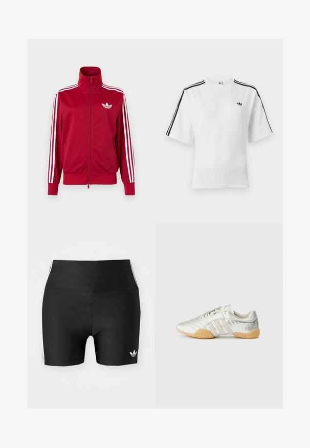 Chaqueta deportiva roja con detalles de tres franjas blancas en las mangas, cremallera completa en el frente, cuello alto y el logo de trébol de Adidas en blanco en el pecho.; Camiseta Adidas blanca de manga corta con detalles de tres rayas negras en los hombros y el logo trefoil de Adidas en el pecho izquierdo.; Pantalones cortos deportivos negros en una tela elástica con una cintura alta. Presentan franjas laterales blancas y un pequeño logo blanco en el dobladillo.; Zapatilla deportiva plateada con parte superior de cuero suave, suela de goma y detalles texturizados. Presenta un diseño curvado y cordones tonales.