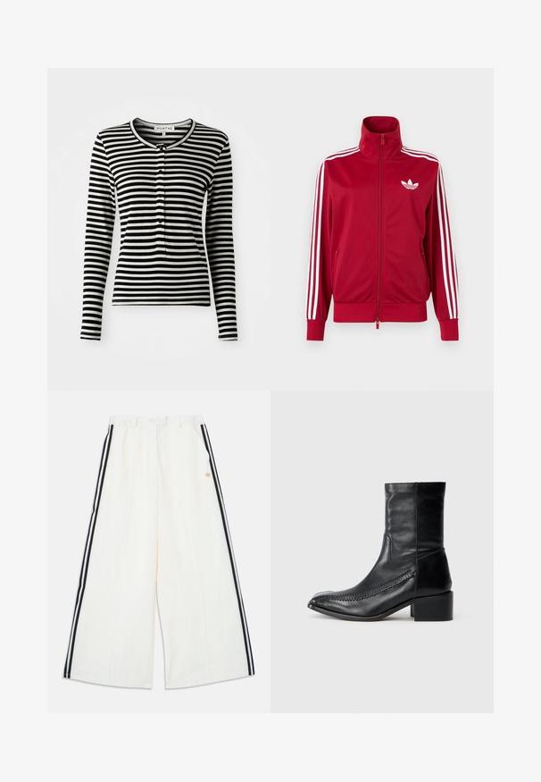 Rød træningstrøje med hvide tre-stribe detaljer på ærmerne, fuld lynlås foran, høj krave og hvidt Adidas trefoil-logo på brystet.; Sort/hvid stribet langærmet skjorte med rund halsudskæring, udstyret med en knaplukning og en slim-fit design. Blødt stoftekstur.; Hvide bukser med vide ben, sorte og hvide striber i siden og elastik i taljen, med en lille guldlogo på højre side.; Sort læder ankelstøvle med spidse tæer, dekorativ syning langs siden og en kraftig firkantet hæl. Glat tekstur, minimalistisk design.