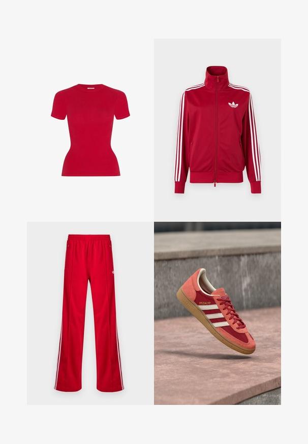 Chaqueta deportiva roja con detalles de tres franjas blancas en las mangas, cremallera completa en el frente, cuello alto y el logo de trébol de Adidas en blanco en el pecho.; Camiseta roja de manga corta con diseño ajustado. Fabricada con material suave, cuenta con cuello redondo y bordes sin costuras.; Pantalones deportivos rojos con un corte holgado, cintura elástica, dos bolsillos laterales y franjas blancas a los lados. Fabricados con un material sintético y suave.; Zapatilla Adidas Spezial roja y naranja con rayas blancas y suela de goma flotando sobre una superficie de hormigón y escalones de fondo.