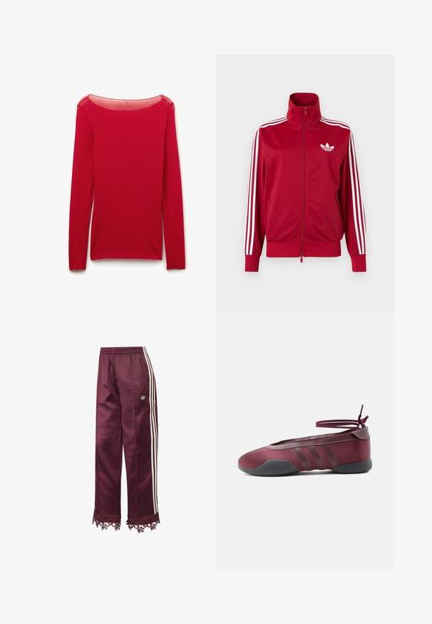 Rode trainingsjas met witte drie-streep details op de mouwen, volledige rits aan de voorkant, hoge kraag en wit Adidas trefoil-logo op de borst.; Rode nauwsluitende top met lange mouwen en een doorschijnende ronde halslijn, plat afgebeeld op een witte achtergrond.; Wijnrode satijnen trainingsbroek met witte zijstrepen, elastische taille, zakken met rits en kanten afwerking bij de zoom.; Bordeauxrode ballerina met zwarte zool, elastische enkelbandjes die in een strik zijn gebonden, en gestikte details aan de zijkanten, gezien vanaf de buitenkant.