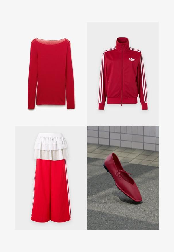 Chaqueta deportiva roja con detalles de tres franjas blancas en las mangas, cremallera completa en el frente, cuello alto y el logo de trébol de Adidas en blanco en el pecho.; Top ajustado de manga larga roja con un escote redondeado transparente, presentado plano sobre un fondo blanco.; Pantalones rojos de pierna ancha con franjas blancas laterales, rematados con una superposición blanca de volantes en capas. Cintura elástica para mayor comodidad. Textura de tela suave.; Zapato plano de cuero rojo con punta afilada y detalle de lazo, levitando sobre una superficie de pavimento texturizado cerca de una pared de azulejos.