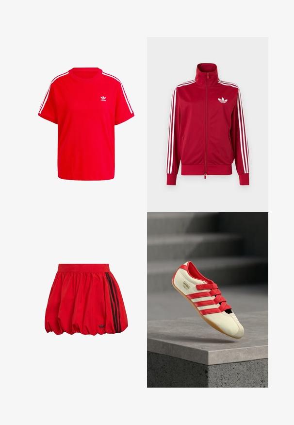 Červená tréningová bunda s bielymi tromi pruhmi na rukávoch, celoprepínací zips vpredu, vysoký golier a biele logo Adidas trefoil na hrudi.; Červené bavlnené tričko s okrúhlym výstrihom, krátkymi rukávmi, bielymi trojprúžkovými akcentmi na pleciach a malým bielym logom na hrudi.; Červená bavlnená sukňa s objemným strihom, nariaseným pásom a čiernymi bočnými pruhmi. Malý logotyp pri leme. Hladká štruktúra.; Červená a krémová športová topánka s tromi červenými pásikmi, mäkkým zvrškom, gumovou podrážkou a suchými zipsami. Má elegantný, nízkoprofilový dizajn.