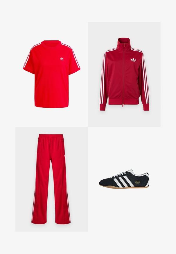 Veste de survêtement rouge avec trois bandes blanches sur les manches, fermeture éclair intégrale à l'avant, col montant et logo trefoil Adidas blanc sur la poitrine.; T-shirt en coton rouge avec un col rond, des manches courtes, des accents blancs à trois rayures sur les épaules et un petit logo blanc sur la poitrine.; Pantalon de sport rouge à coupe ample, taille élastique, deux poches latérales, et bandes blanches sur les côtés. Fabriqué en matériau synthétique lisse.; Sneakers en suede noir avec trois bandes blanches, logo doré et semelle en caoutchouc marron. Présente un design à lacets à profil bas.