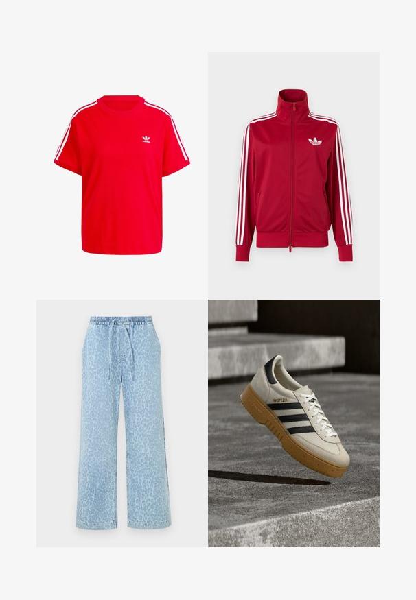 Rode trainingsjas met witte drie-streep details op de mouwen, volledige rits aan de voorkant, hoge kraag en wit Adidas trefoil-logo op de borst.; Rode katoenen t-shirt met een ronde halslijn, korte mouwen, witte drie-strepen accenten op de schouders en een klein wit logo op de borst.; Lichtblauwe wijde broekspijpen gemaakt van denim met een luipaardprintpatroon. Voorzien van een elastische tailleband met een trekkoorddetail.; Beige suède sneaker met zwarte strepen, witte veters en een zool van gumrubber. Heeft "SPEZIAL" branding aan de zijkant.