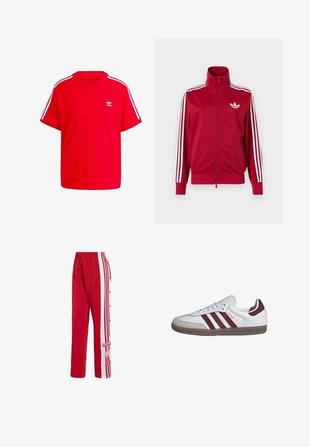 Rote Trainingsjacke mit weißen Drei-Streifen-Details an den Ärmeln, durchgehendem Frontreißverschluss, hohem Kragen und weißem Adidas-Trefoil-Logo auf der Brust.; Rotes Baumwoll-T-Shirt mit rundem Ausschnitt, kurzen Ärmeln, weißen drei Streifen Akzenten an den Schultern und einem kleinen weißen Logo auf der Brust.; Rote Sporthosen aus glattem Stoff, mit weißen Seitenstreifen und Druckknöpfen sowie einem gestickten Logo auf der Vorderseite.; Weißer niedriger Adidas Samba Sneaker mit kastanienbraunen Streifen, beiger Wildleder-Zehenkappe und Gummisohle.