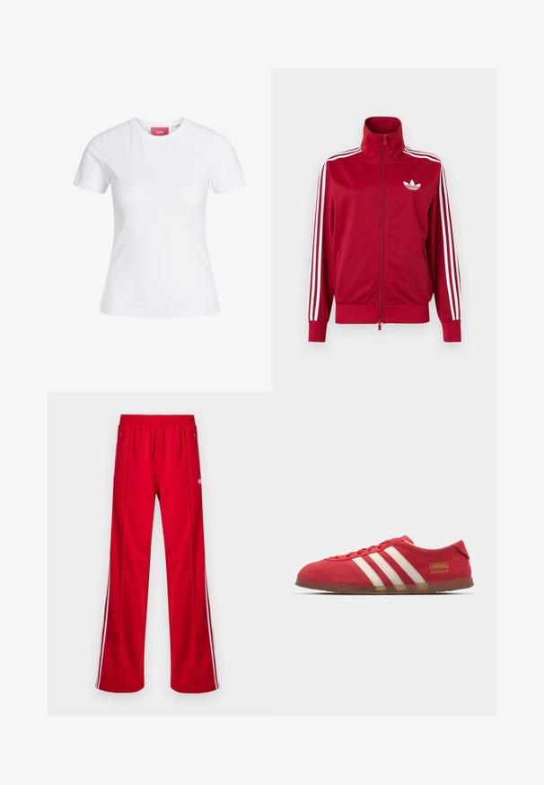Rød træningstrøje med hvide tre-stribe detaljer på ærmerne, fuld lynlås foran, høj krave og hvidt Adidas trefoil-logo på brystet.; Hvid slimfit t-shirt med korte ærmer og rund halsudskæring med en lyserød JJXX-label indeni kraven, vist mod en ensfarvet baggrund.; Røde athletic bukser med løs pasform, elastisk talje, to sidelommer og hvide sidestriber. Fremstillet af glat, syntetisk materiale.; Røde ruskinds sneakers med hvidt tre-stripes design, flad ydersål og guld logo detalje. Lavskåren design med afrundet tå og snørebåndslukning.
