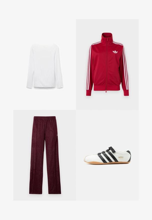 Chaqueta deportiva roja con detalles de tres franjas blancas en las mangas, cremallera completa en el frente, cuello alto y el logo de trébol de Adidas en blanco en el pecho.; Camiseta blanca de manga larga con cuello barco, diseño liso, mostrada plana sobre un fondo blanco, vista frontal.; Pantalones deportivos burdeos hechos de tela texturizada, con una cinturilla elástica y costuras laterales para un diseño de pierna recta.; Zapatilla Adidas Tokyo blanca con rayas negras, correas de velcro negras y suela de goma, vista de lado sobre fondo blanco.