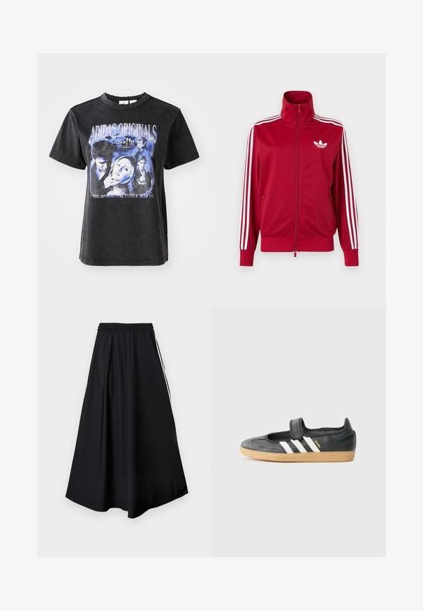 Červená tréningová bunda s bielymi tromi pruhmi na rukávoch, celoprepínací zips vpredu, vysoký golier a biele logo Adidas trefoil na hrudi.; Čierne bavlnené tričko s krátkymi rukávmi, s umývaným grafickým potlačou postáv zo "Buffy, preklínačka upírov" v modrých odtieňoch.; Čierne nohavice s širokými nohavicami, elastickým pásom a bielymi bočnými pruhmi, zobrazené na jednoduchom bielom pozadí.; Čierne kožené a zamšové tenisky s Velcro pásikom, s tromi bielymi pruhmi a gumenou podrážkou, označené nápisom "SAMBA" na boku.