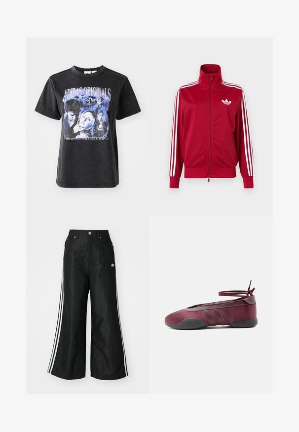 Červená tréningová bunda s bielymi tromi pruhmi na rukávoch, celoprepínací zips vpredu, vysoký golier a biele logo Adidas trefoil na hrudi.; Čierne bavlnené tričko s krátkymi rukávmi, s umývaným grafickým potlačou postáv zo "Buffy, preklínačka upírov" v modrých odtieňoch.; Čierne džínsy s širokým strihom, s tromi bielymi pruhmi po stranách a malým bielym logom. Obsahujú predné vrecká a zapínanie na gombík.; Burgundské balerínky s čiernou podrážkou, elastickými remienkami na členku zviazanými do mašle a prešívanými detailmi na bokoch, zobrazené z vonkajšej strany.