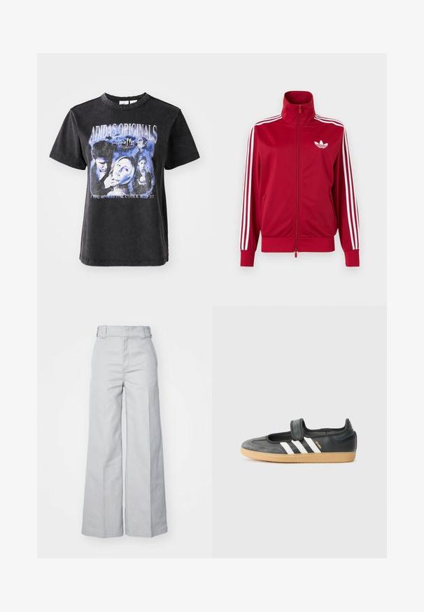 Červená tréningová bunda s bielymi tromi pruhmi na rukávoch, celoprepínací zips vpredu, vysoký golier a biele logo Adidas trefoil na hrudi.; Čierne bavlnené tričko s krátkymi rukávmi, s umývaným grafickým potlačou postáv zo "Buffy, preklínačka upírov" v modrých odtieňoch.; Svetlošedé nohavice s širokými nohavicami vyrobené z bavlneného zmesi, so zvýšeným pásom, štruktúrovaným pásom a viditeľným prešívaním.; Čierne kožené a zamšové tenisky s Velcro pásikom, s tromi bielymi pruhmi a gumenou podrážkou, označené nápisom "SAMBA" na boku.