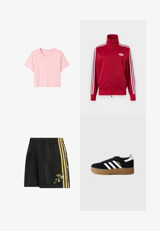 Chaqueta deportiva roja con detalles de tres franjas blancas en las mangas, cremallera completa en el frente, cuello alto y el logo de trébol de Adidas en blanco en el pecho.; Camiseta rosa de manga corta hecha de una tela suave, con un escote redondo y un corte holgado con una ligera textura jaspeada.; Pantalones cortos deportivos negros con cinturilla elástica, con tres franjas doradas en el costado y bordados florales en varios colores.; Zapatilla de ante negra con tres franjas blancas y logotipo dorado. Suela de goma con agarre texturizado. Diseño clásico de corte bajo, punta redondeada.