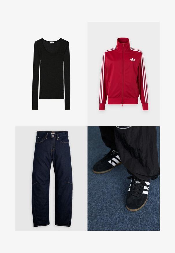 Veste de survêtement rouge avec trois bandes blanches sur les manches, fermeture éclair intégrale à l'avant, col montant et logo trefoil Adidas blanc sur la poitrine.; Haut à manches longues noir fabriqué à partir d'un tissu doux et texturé. Présente un décolleté dégagé et une coupe ajustée, sans motifs ni accents visibles.; Jean en denim bleu foncé avec une coupe droite, doté de poches avant et arrière, et des coutures contrastantes jaunes. Aucune décoration visible.; Des chaussures de sport en suède noir avec trois rayures blanches et des lacets noirs. Un pantalon noir texturé est partiellement visible à côté des chaussures.