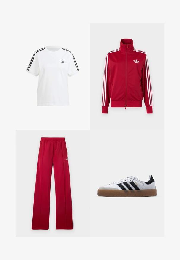 Rote Trainingsjacke mit weißen Drei-Streifen-Details an den Ärmeln, durchgehendem Frontreißverschluss, hohem Kragen und weißem Adidas-Trefoil-Logo auf der Brust.; Weißes Baumwoll-T-Shirt mit kurzen Ärmeln, Rundhalsausschnitt und schwarzen vertikalen Streifen an den Schultern, mit einem kleinen schwarzen Logo auf der Brust.; Rote weite Jogginghosen mit elastischem Bund, seitlichen Reißverschlusstaschen, weißen Streifen an den Seiten und kleinem weißem Logo am linken Oberschenkel.; Weiße Leder Sneakers mit schwarzen Streifen, Gummigummi-Außensohle, runder Zehenform, Schnürverschluss und weichem grauem Wildleder-Zehenkappe.