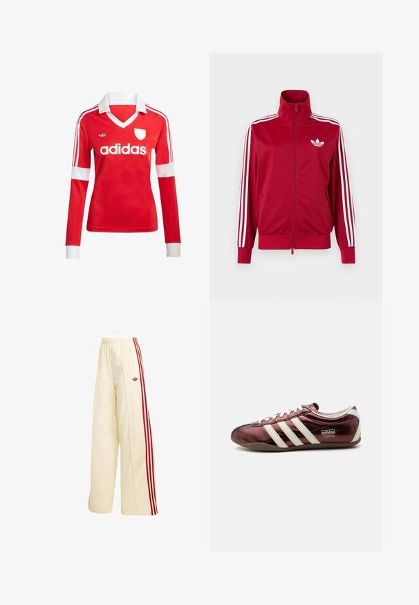 Rote Trainingsjacke mit weißen Drei-Streifen-Details an den Ärmeln, durchgehendem Frontreißverschluss, hohem Kragen und weißem Adidas-Trefoil-Logo auf der Brust.; Rotes Fußballtrikot mit langen Ärmeln, weißem Kragen und weißen Ärmelbündchen. Es hat drei weiße Streifen auf den Schultern und das "adidas"-Logo ist auffällig platziert.; Cremefarbene weite Trainingshose mit roten Seitenstreifen, elastischem Bund, Reißverschlusstasche und rotem Adidas-Logo am Oberschenkel.; Flacher metallischer burgunderfarbener Adidas Sneaker mit weißen Streifen, Schnürsenkeln und „Adidas Tokyo“-Branding an der Seite.
