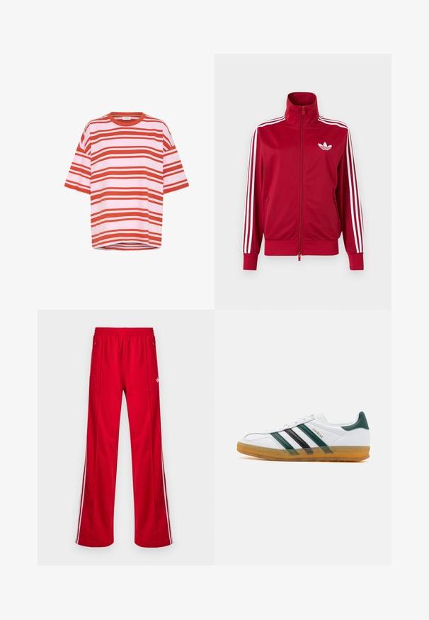 Chaqueta deportiva roja con detalles de tres franjas blancas en las mangas, cremallera completa en el frente, cuello alto y el logo de trébol de Adidas en blanco en el pecho.; Camiseta de manga corta a rayas rojas y blancas, hecha de una tela suave con un corte relajado y escote redondo, que presenta líneas horizontales.; Pantalones deportivos rojos con un corte holgado, cintura elástica, dos bolsillos laterales y franjas blancas a los lados. Fabricados con un material sintético y suave.; Zapatilla de cuero blanca con franjas verdes y negras; suela de goma; caja de dedos texturizada; logo dorado "Gazelle" en el lado.
