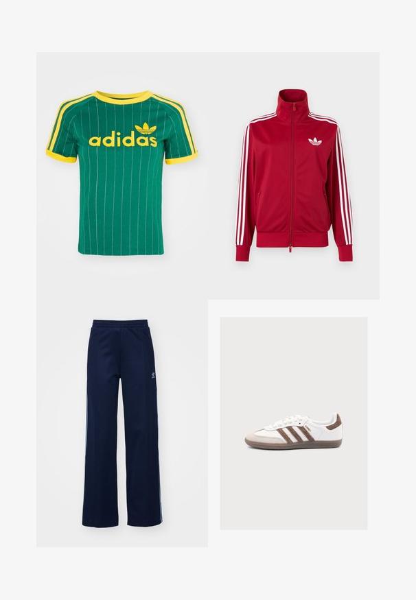 Červená tréningová bunda s bielymi tromi pruhmi na rukávoch, celoprepínací zips vpredu, vysoký golier a biele logo Adidas trefoil na hrudi.; Zelené bavlnené tričko s vertikálnymi bielymi pruhmi, žltými akcentmi a logom "adidas" v žltom písme. Krátke rukávy a okrúhly výstrih.; Námornícke nohavice z bavlneného zmesi s širokým strihom, elastickým pásom a zipsovými vreckami, s bielymi bočnými pruhmi a detailom loga.; Biela teniska Adidas Samba s hnedými semišovými pruhmi, hnedým semišovým špičkou a gumovou podrážkou na svetlosivom pozadí.