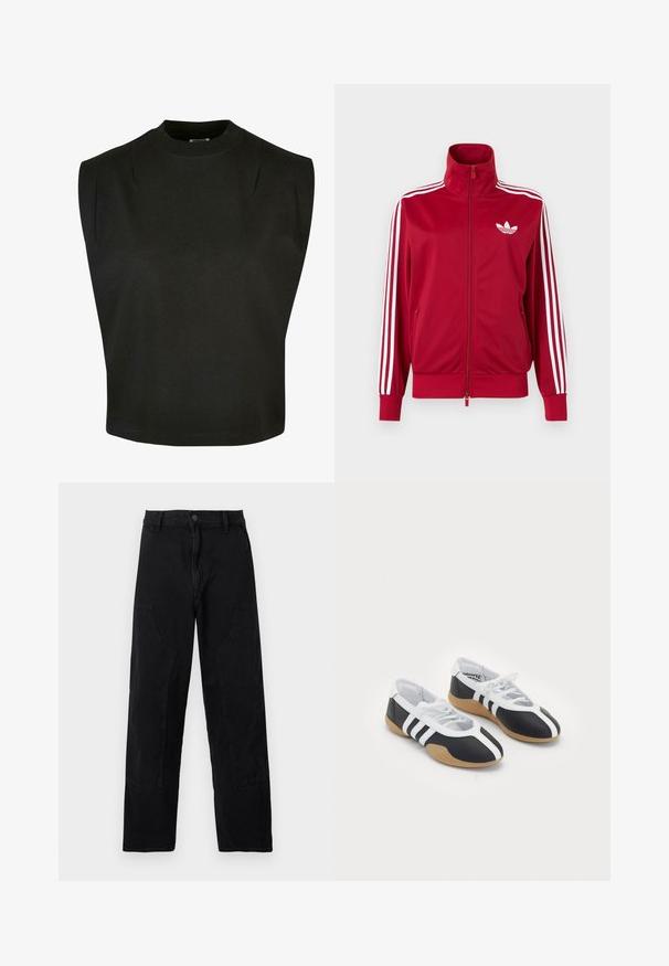 Rød træningstrøje med hvide tre-stribe detaljer på ærmerne, fuld lynlås foran, høj krave og hvidt Adidas trefoil-logo på brystet.; Sort ærmeløs top lavet af bomuld med høj halsudskæring, der har struktur i skuldrene og en løs pasform, ren kant og uden synlige mønstre.; Sorte bukser med lige ben, forlommer, bæltestropper og knaplukning på en ensfarvet lys baggrund.; Sort-hvide sportsko med et slankt design, gummisål, snørebåndslukning og tre hvide striber på siden.