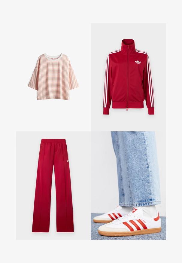 Rote Trainingsjacke mit weißen Drei-Streifen-Details an den Ärmeln, durchgehendem Frontreißverschluss, hohem Kragen und weißem Adidas-Trefoil-Logo auf der Brust.; Gestreiftes Kurzarmoberteil aus leichtem Stoff. Mit cremefarbenen und hellorangen Streifen, rundem Halsausschnitt und seitlichen Schlitzen.; Rote weite Jogginghosen mit elastischem Bund, seitlichen Reißverschlusstaschen, weißen Streifen an den Seiten und kleinem weißem Logo am linken Oberschenkel.; Weiße Leder Sneaker mit roten Streifen und Akzenten. Verfügt über eine strukturierte Gummi-Laufsohle und einen gepolsterten Schaft. Tragen mit hellblauer Jeans.