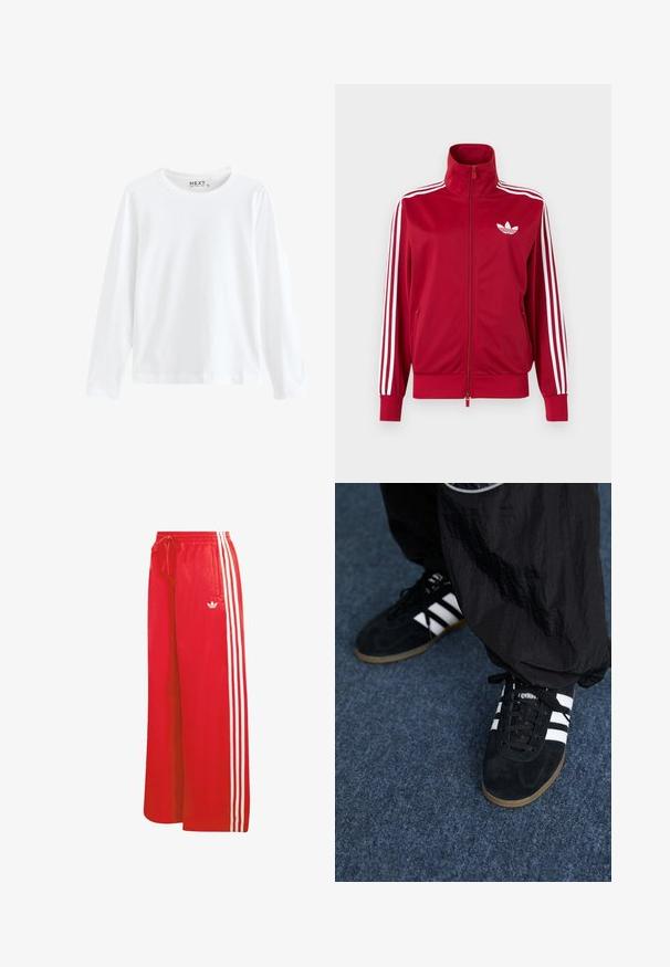 Červená tréningová bunda s bielymi tromi pruhmi na rukávoch, celoprepínací zips vpredu, vysoký golier a biele logo Adidas trefoil na hrudi.; Dlhý rukáv biele tričko z bavlny, s okrúhlym výstrihom a jednoduchým dizajnom, s rovnomernou textúrou a bez viditeľných vzorov alebo akcentov.; Červené športové nohavice z ľahkého materiálu s širokým strihom na nohách, elastickým pásom, sťahovacou šnúrkou a tromi bielymi pruhmi na každej strane.; Čierne roháčiky z semišu so tromi bielymi pruhmi a čiernymi šnúrkami. Texturované čierne nohavice sú čiastočne viditeľné vedľa topánok.