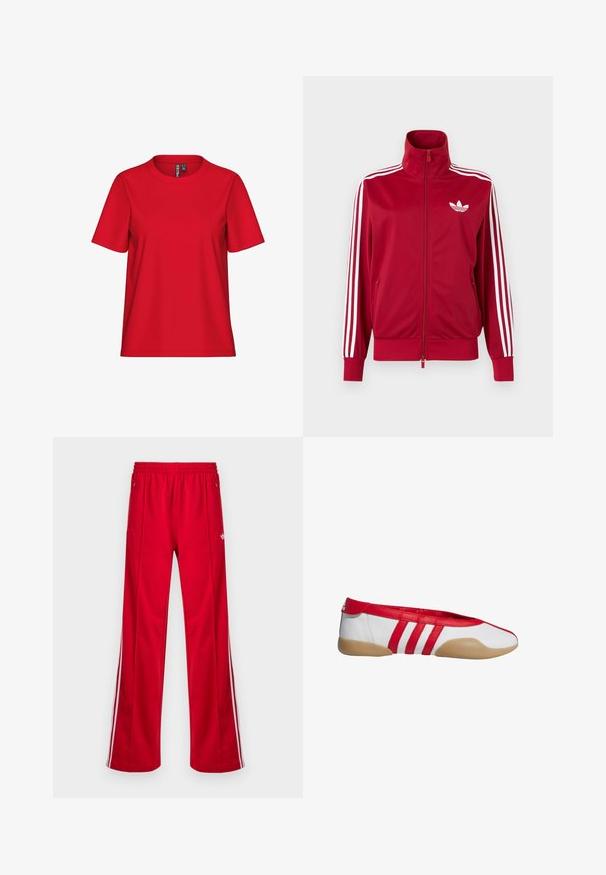 Chaqueta deportiva roja con detalles de tres franjas blancas en las mangas, cremallera completa en el frente, cuello alto y el logo de trébol de Adidas en blanco en el pecho.; Camiseta roja de algodón de manga corta con cuello redondo. Diseño sencillo, textura suave y ajuste holgado. Sin patrones ni detalles metálicos.; Pantalones deportivos rojos con un corte holgado, cintura elástica, dos bolsillos laterales y franjas blancas a los lados. Fabricados con un material sintético y suave.; Zapato plano rojo y blanco con puntera redonda, hecho de material sintético liso. Presenta tres rayas rojas y una suela de goma color cuero claro.