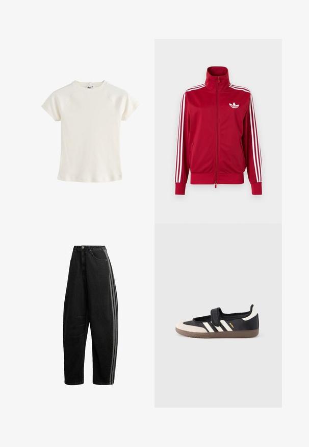 Veste de survêtement rouge avec trois bandes blanches sur les manches, fermeture éclair intégrale à l'avant, col montant et logo trefoil Adidas blanc sur la poitrine.; Haut en maille côtelée crème à manches courtes avec col rond et petite étiquette en tissu « self » à l'arrière du col.; Jean noir à jambes larges, taille haute, fermeture par bouton et zip, poches avant, et deux bandes grises courant le long des coutures latérales extérieures.; Baskets noires et beiges avec une bride en velcro, trois bandes blanches sur le côté, et une semelle en caoutchouc marron texturée. Logo de la marque visible.