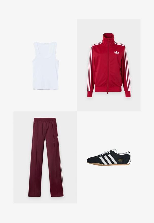 Rød træningstrøje med hvide tre-stribe detaljer på ærmerne, fuld lynlås foran, høj krave og hvidt Adidas trefoil-logo på brystet.; Hvid ærmeløs tanktop med rund halsudskæring, lagt fladt på en hvid baggrund.; Bordeaux løbebukser med elastisk taljebånd, sidelommer med lynlås, hvide sidelommer og et lille hvidt Adidas-logo på højre lår.; Sort ruskinds sneaker med hvide tre striber, guldlogo og en brun gummisål. Har et lavprofil snørebåndsdesign.