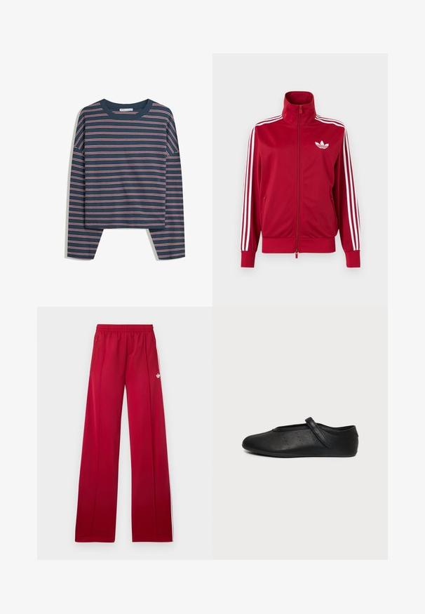 Rode trainingsjas met witte drie-streep details op de mouwen, volledige rits aan de voorkant, hoge kraag en wit Adidas trefoil-logo op de borst.; Marineblauwe longsleeve top met witte en roze horizontale strepen; ronde hals; relaxte pasvorm; zachte stof; zijsplitten aan de onderkant voor meer bewegingsgemak.; Rode trainingsbroek met wijd uitlopende pijpen, elastische tailleband, zijzakken met rits, witte strepen aan de zijkanten en een klein wit logo op de linker dij.; Zwarte leren Mary Jane platte schoen met een enkele band en kleine geperforeerde stippen aan de zijkant, getoond op een effen lichtgrijze achtergrond.