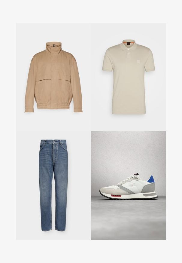 Veste légère de couleur marron clair faite d'un tissu doux. Comprend un col haut, deux poches avant, un ourlet élastiqué et des détails aux poignets.; Polo beige en tissu doux, avec un col, trois boutons et une patch logo sur la poitrine gauche. Manches courtes et design épuré.; Jean droit en denim bleu avec taille haute, fermeture à boutons sur le devant et design à cinq poches sur un fond clair uni.; Baskets blanches et grises avec une tige en daim et cuir, un accent bleu au talon, des accents rouges et une semelle noire texturée.