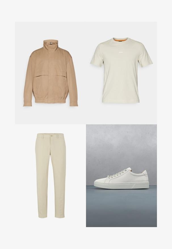 Lichtbruine, lichte jas van zacht materiaal. Beschikt over een hoge kraag, twee voorzakken, een elastische zoom en manchetten.; Beige katoenen t-shirt met korte mouwen, ronde halslijn en witte "BOSS" logo op de borst. Gladde textuur, casual pasvorm.; Beige gepaste broek met rits, enkele knoopsluiting en riemlussen. Soepele stof met een rechte pasvorm en geen zichtbare patronen.; Witte leren sneaker met een ronde neus, minimalistisch ontwerp, grijze veters en een gestructureerde grijze rubberen zool. Fijne stikdetails zichtbaar.