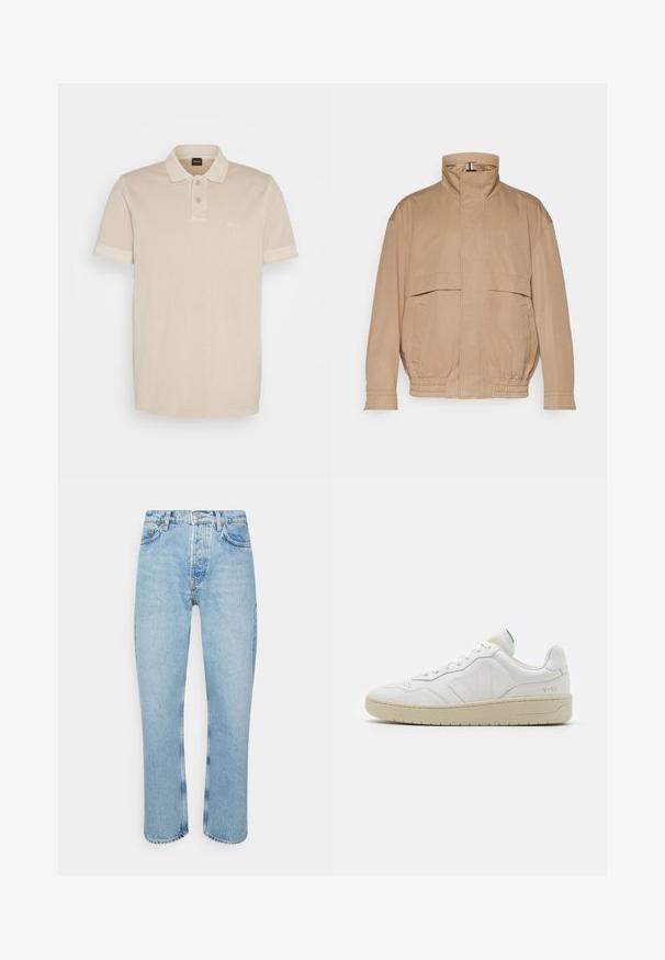 Hellbraune, leichte Jacke aus softem Material. Verfügt über einen hohen Kragen, zwei Fronttaschen, elastischen Saum und Detail an den Bündchen.; Beige Poloshirt aus weicher Baumwolle. Es verfügt über einen klassischen Kragen, zwei Knöpfe und ein kleines gesticktes Logo auf der Brust.; Hellblaue Jeans aus Denim mit geradem Schnitt, hoher Taille, fünf Taschen-Design und sichtbaren Nähten an den Nähten und Säumen.; Weiße Leder-Sneaker mit strukturierter Oberfläche und gepolstertem Kragen. Sie verfügen über eine beigen Gummisohle und dezente Markenkennzeichnung an der Ferse und an der Seite.