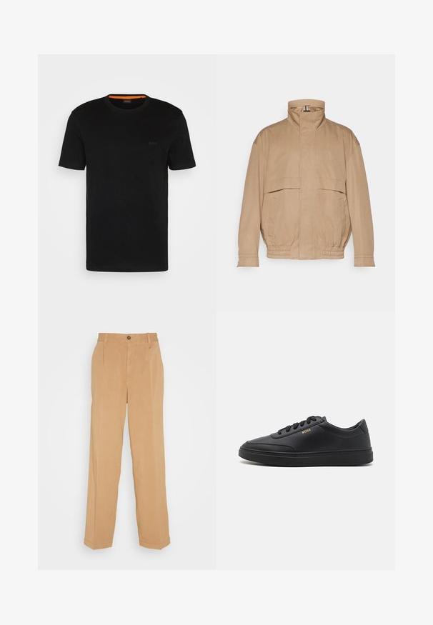 Chaqueta ligera de color marrón claro, hecha de un material suave. Cuenta con un alto collar, dos bolsillos frontales, bajo elástico y detalles en los puños.; Camiseta negra de manga corta hecha de una tela suave, con un escote redondo y un logo discreto en la parte delantera. El interior del cuello tiene un acento naranja.; Pantalones de pierna ancha en beige, fabricados con tejido suave, que cuentan con dos bolsillos frontales, un cierre de botón y detalles de pliegues a lo largo de las piernas.; Zapatillas de cuero negro con una textura suave, punta redondeada, suela plana de goma y cordones a tono. Presentan el logotipo dorado "BOSS" en el lateral.