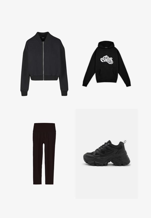 Schwarze, kurze Bomberjacke mit Reißverschluss vorne, gerippten Bündchen und Saum, mit einer glatten Stofftextur und einem klassischen Design.; Pegador PALUMA OVERSIZED HOODIE - Sweatshirt - black; Schwarze, hoch taillierte Leggings bis zum Knöchel mit breitem Bund, gezeigt vor weißem Hintergrund.; Schwarze Sportschuhe mit einem strukturierten Mesh-Obermaterial, einer gewölbten Gummisohle und einem auffälligen Profilmuster. Mit integriertem Schnürsystem und Zuglasche.