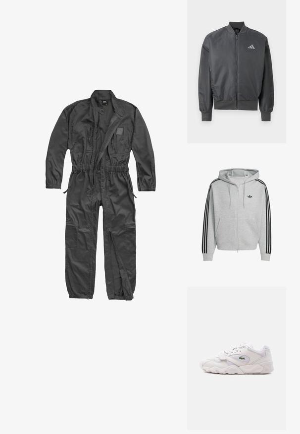 Mørkegrå bomberjakke med lynlås, ribstrikket krave, manchetter og kant, med en lille Adidas-logo på venstre bryst.; Langærmet sort heldragt med frontlynlås, elastisk talje og manchetter, flere lynlåslommer og opretstående krave med trykknap.; Grå zip-up hoodie med sort tre-stribes design på ærmerne, kængurulommer og snoretræk i hætten. Har et mærket logo på brystet.; Hvid atletiksko med snørebånd og velcrorem, med en grøn krokodillelogo på siden og en tyk, tekstureret sål.