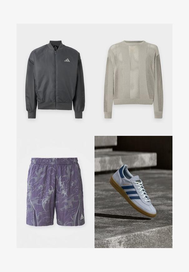 Veste bomber gris foncé avec fermeture éclair, col, poignets et ourlet côtelés, arborant un petit logo Adidas sur le côté gauche de la poitrine.; Pull gris clair présentant un mélange de motifs unis et en maille texturée, avec un col rond et des poignets et un ourlet côtelés.; Shorts de sport violets avec des motifs argentés abstraits, ceinture élastique, bandes latérales et logo Adidas en bas à droite de la jambe.; Baskets Adidas Spezial bleu clair avec des rayures bleu marine et une semelle en gomme, montrées en l'air au-dessus d'escaliers en béton dans un environnement extérieur neutre.