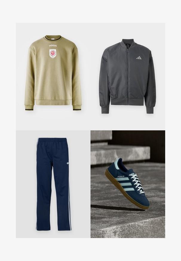 Dunkelgraue Bomberjacke mit Reißverschluss, geripptem Kragen, Bündchen und Saum, mit kleinem Adidas-Logo auf der linken Brust.; Olivgrüner Pullover mit Rundhalsausschnitt, gerippten Bündchen und Saum. Verfügt über ein besticktes Logo und einen Patch mit roten Akzenten. Glatte Textur.; Marineblaue Sporthose mit elastischem Bund, weißen Seitenstreifen und einem gestickten Logo am linken Oberschenkel. Glatter Stofftextur.; Blauer Adidas Spezial Sneaker mit weißen Streifen und Schnürsenkeln, Gummisohle, schwebend über rauer Betonoberfläche und Treppen im Hintergrund.