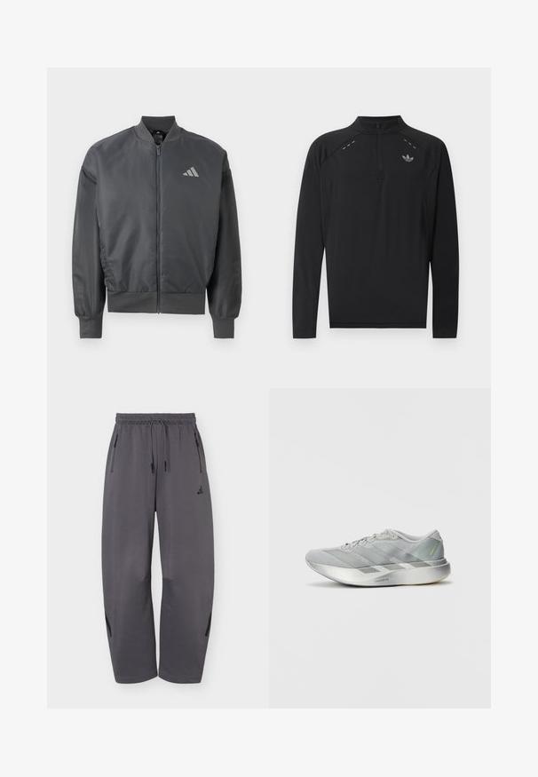 Mørkegrå bomberjakke med lynlås, ribstrikket krave, manchetter og kant, med en lille Adidas-logo på venstre bryst.; Sort atletisk trøje med lange ærmer og kvartlynlås, høj krave, refleksivt adidas-logo på brystet og små refleksdetaljer på skuldrene.; Mørkegrå atletiske bukser med vid ben, elastisk talje, snore, lynlåslommer i siden og diskret mærkelogo på venstre lår.; Letvægts grå atletiksko med et slankt design, der har en tekstureret overflade, tre diagonale striber og en reflekterende sølvsål.