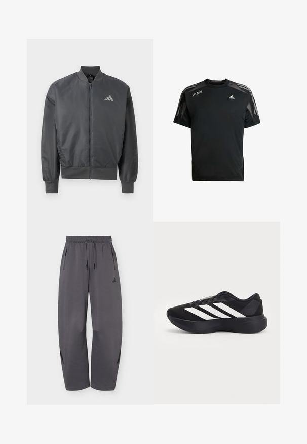 Chaqueta bomber gris oscuro con cremallera, cuello, puños y dobladillo acanalados, con un pequeño logo de Adidas en el pecho izquierdo.; Camiseta deportiva negra hecha de un tejido ligero, con paneles de malla en los hombros, mangas cortas y logotipos blancos de adidas y F50.; Pantalones deportivos de pierna ancha en gris oscuro con cintura elástica, cordones, bolsillos laterales con cremallera y logo sutil de la marca en el muslo izquierdo.; Zapatilla de correr negra con suela gruesa y tres rayas diagonales blancas en el lateral, vista desde el lado exterior.