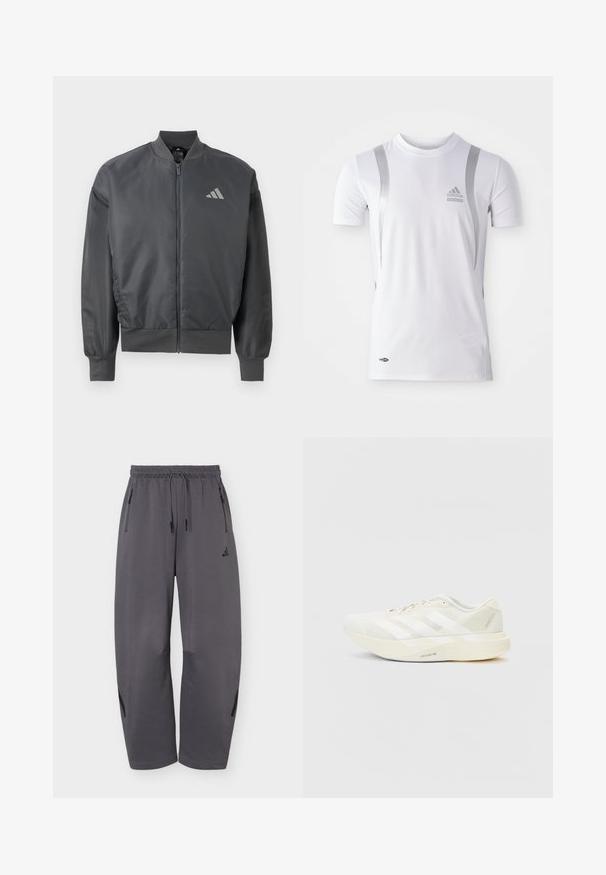 Chaqueta bomber gris oscuro con cremallera, cuello, puños y dobladillo acanalados, con un pequeño logo de Adidas en el pecho izquierdo.; Camiseta atlética blanca de manga corta con detalles plateados, presenta un cuello redondo y un logo de Adidas en el pecho. Fabricada con tela que absorbe la humedad.; Pantalones deportivos de pierna ancha en gris oscuro con cintura elástica, cordones, bolsillos laterales con cremallera y logo sutil de la marca en el muslo izquierdo.; Zapatilla deportiva blanca con parte superior de malla, que presenta tres franjas blancas, una punta redondeada y una suela de color claro etiquetada como "LIGHTSTRIKE PRO".