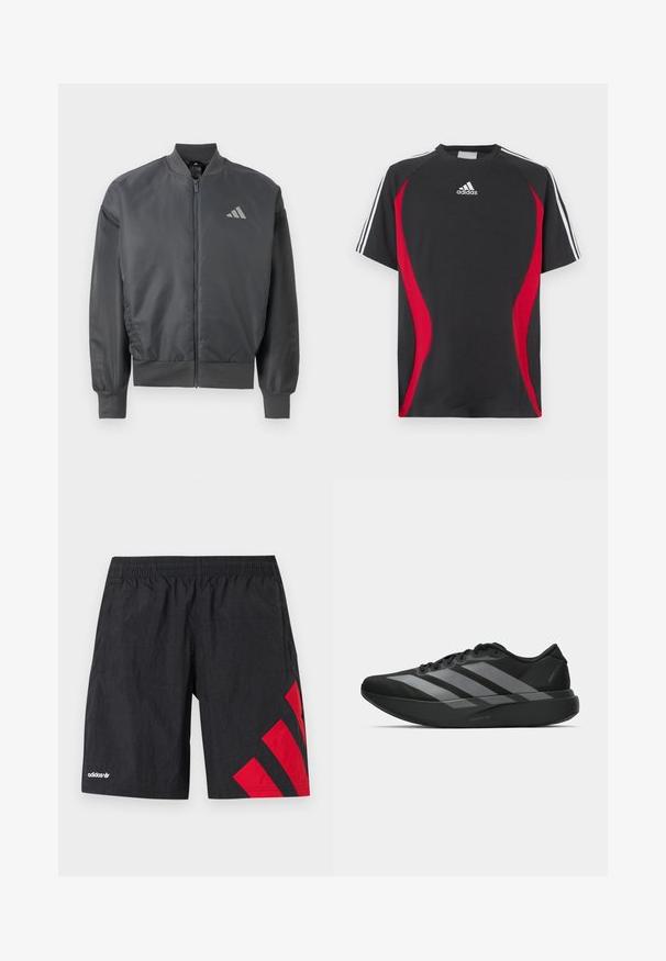 Donkergrijze bomberjack met ritssluiting, geribde kraag, manchetten en zoom, met een klein Adidas-logo op de linkerborst.; Zwart T-shirt met korte mouwen, rode accenten aan de zijkanten, wit Adidas-logo op de borst en witte strepen op de schouders. Gemaakt van een gladde stof.; Zwarte atletische shorts met rode diagonale strepen aan de linkerkant, elastische tailleband, gemaakt van lichtgewicht, gestructureerde stof. Adidas-logo zichtbaar.; Zwarte sportieve schoenen met een lichtgewicht ontwerp, voorzien van drie opvallende grijze strepen, een gladde textuur en een gevormde zool.