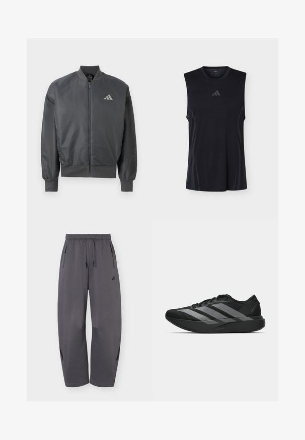 Veste bomber gris foncé avec fermeture éclair, col, poignets et ourlet côtelés, arborant un petit logo Adidas sur le côté gauche de la poitrine.; Débardeur de sport noir avec des panneaux latéraux en mesh subtils et un petit logo Adidas centré sous l'encolure ronde.; Pantalon de sport ample gris foncé avec taille élastique, cordons, poches latérales zippées et logo discret de la marque sur la cuisse gauche.; Chaussures de sport noires au design léger, présentant trois rayures grises marquées, une texture lisse et une semelle profilée.
