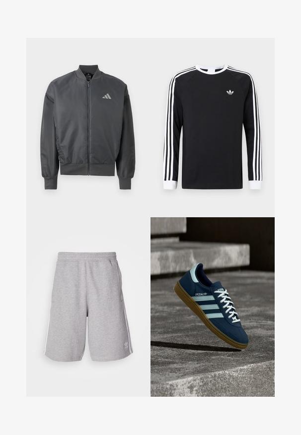 Mørkegrå bomberjakke med lynlås, ribstrikket krave, manchetter og kant, med en lille Adidas-logo på venstre bryst.; Sort langærmet T-shirt med hvidt trestribet design på ærmerne. Har rund halsudskæring og et lille hvidt logo på brystet.; Grå sportshorts lavet af en blanding af bomuldsstof. Har sidelommer, elastisk talje og hvide sidestriber. Klassisk design.; Blå Adidas Spezial sneaker med hvide striber og snørebånd, gummisål, svævende over en ru betongoverflade og trin i baggrunden.