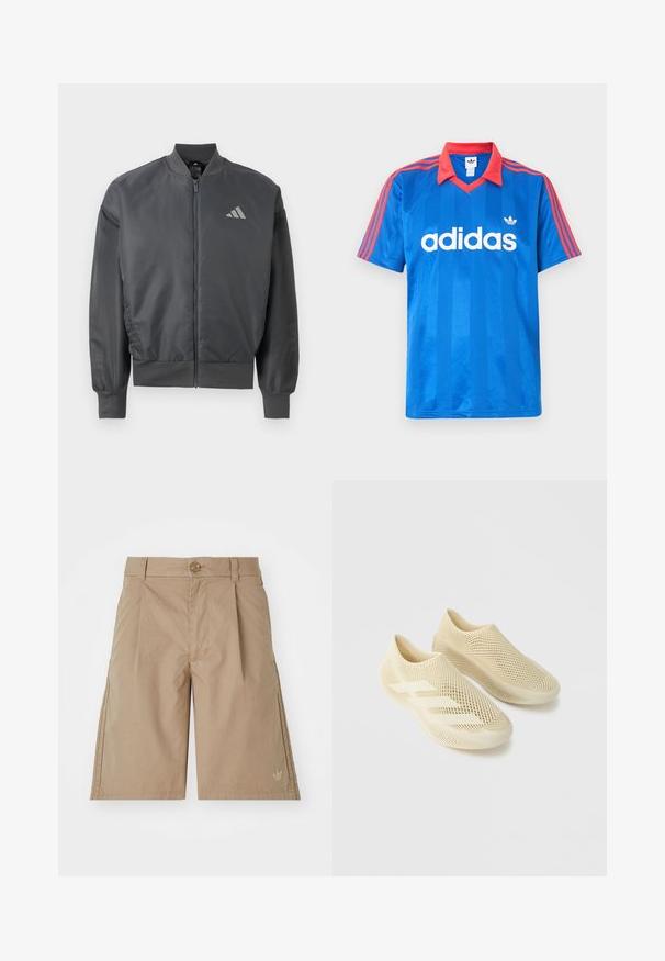 Veste bomber gris foncé avec fermeture éclair, col, poignets et ourlet côtelés, arborant un petit logo Adidas sur le côté gauche de la poitrine.; T-shirt de sport Adidas bleu à manches courtes avec col rouge et bandes sur les épaules, arborant le logo Adidas blanc et l'emblème trèfle sur la poitrine.; Shorts en coton beige avec une coupe droite, des plis à l'avant et une fermeture à un seul bouton. Présente un logo discret sur le côté inférieur gauche.; Paire de chaussures beiges sans lacets avec une structure en treillis ressemblant à un filet et trois bandes sur un fond gris clair uni.