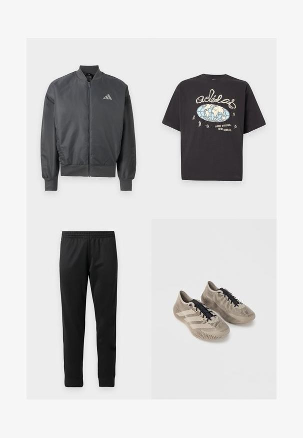 Tmavosivá bomber bunda na zips s rebrovaným golierom, manžetami a lemom, s malým logom Adidas na ľavej strane hrudníka.; Čierne tričko Adidas s grafikou zemegule v béžovej a modrej farbe, ručne písané logo Adidas, hviezdy a text "Tri pásiky. Jeden svet."; Čierne športové nohavice vyrobené z hladkej tkaniny, vybavené elastickým pásom, zúženými nohavicami a rebrovanými manžetami na členkoch.; Pár béžových športových topánok s čiernymi šnúrkami, s textúrovaným pruhovaným vzorom a tromi bočnými pruhmi na jednoliatom pozadí.