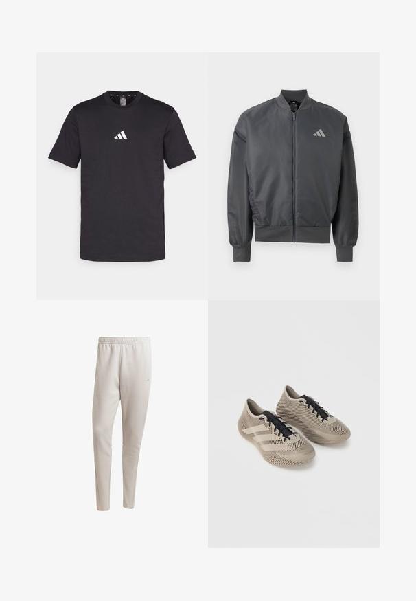 Tmavosivá bomber bunda na zips s rebrovaným golierom, manžetami a lemom, s malým logom Adidas na ľavej strane hrudníka.; Čierne bavlnené tričko s krátkymi rukávmi, s bielym logom Adidas na hrudi. Klasický dizajn s okrúhlym výstrihom.; Svetlo béžové joggingové nohavice z mäkkého materiálu, s elastickým pásom, bočnými vreckami a zúženým strihom nohavíc.; Pár béžových športových topánok s čiernymi šnúrkami, s textúrovaným pruhovaným vzorom a tromi bočnými pruhmi na jednoliatom pozadí.