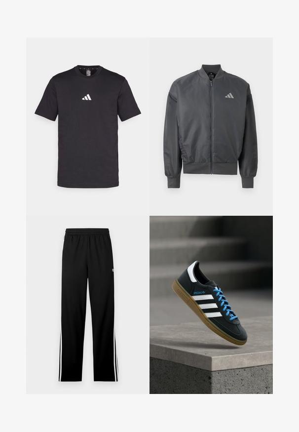 Donkergrijze bomberjack met ritssluiting, geribde kraag, manchetten en zoom, met een klein Adidas-logo op de linkerborst.; Zwarte katoenen T-shirt met korte mouwen, voorzien van een wit Adidas-logo op de borst. Klassiek ontwerp met ronde hals.; Zwarte sportbroek van meshstof met een rechte pasvorm, elastische tailleband en witte zijstrepen. Sportslogo zichtbaar.; Zwarte Adidas-sneaker met witte strepen, blauwe veters en een gumzool die boven een grijze betonnen trede zweeft in zacht licht.