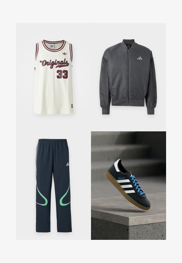 Tumehall zip-up bomberi-tagi, millel on soonikkrae, mansetid ja äär, ning vasakul rinnal väike Adidas logo.; Valge võrkkangas sansleeve jersey maroon aktsentidega, tekstiga "The Originals", number 33 ja väike logo vasakul rinnal.; Tumed värvilised spordihapad, mis on valmistatud kerge kangaga, külgedel valged triibud ja rohelised käänakud. Elastne vöökoht mugavuseks.; Must Adidas toss valgete triibu, siniste paelte ja kummist tallaga, hõljuv pehme valgusega halli betoonastme kohal.