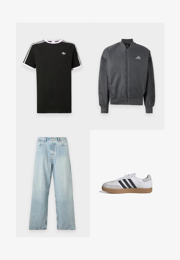 Donkergrijze bomberjack met ritssluiting, geribde kraag, manchetten en zoom, met een klein Adidas-logo op de linkerborst.; Zwarte T-shirt van katoen met witte accenten. Beschikt over korte mouwen, raglanontwerp en een klein logo op de borst. Drie witte strepen op de schouders.; Lichtblauwe rechte denim spijkerbroek met hoge taille, vooraan met een knoop, ritsluiting en vijfzakkenontwerp, getoond op een effen witte achtergrond.; Witte sneaker met zwarte strepen, grijze suède neus en hiel, en een zool van natuurrubber, getoond in zijprofiel op een witte achtergrond.